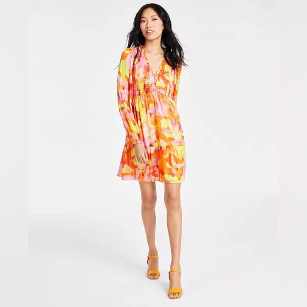 CECE Printed Smocked Balloon Sleeve A-Line Dress